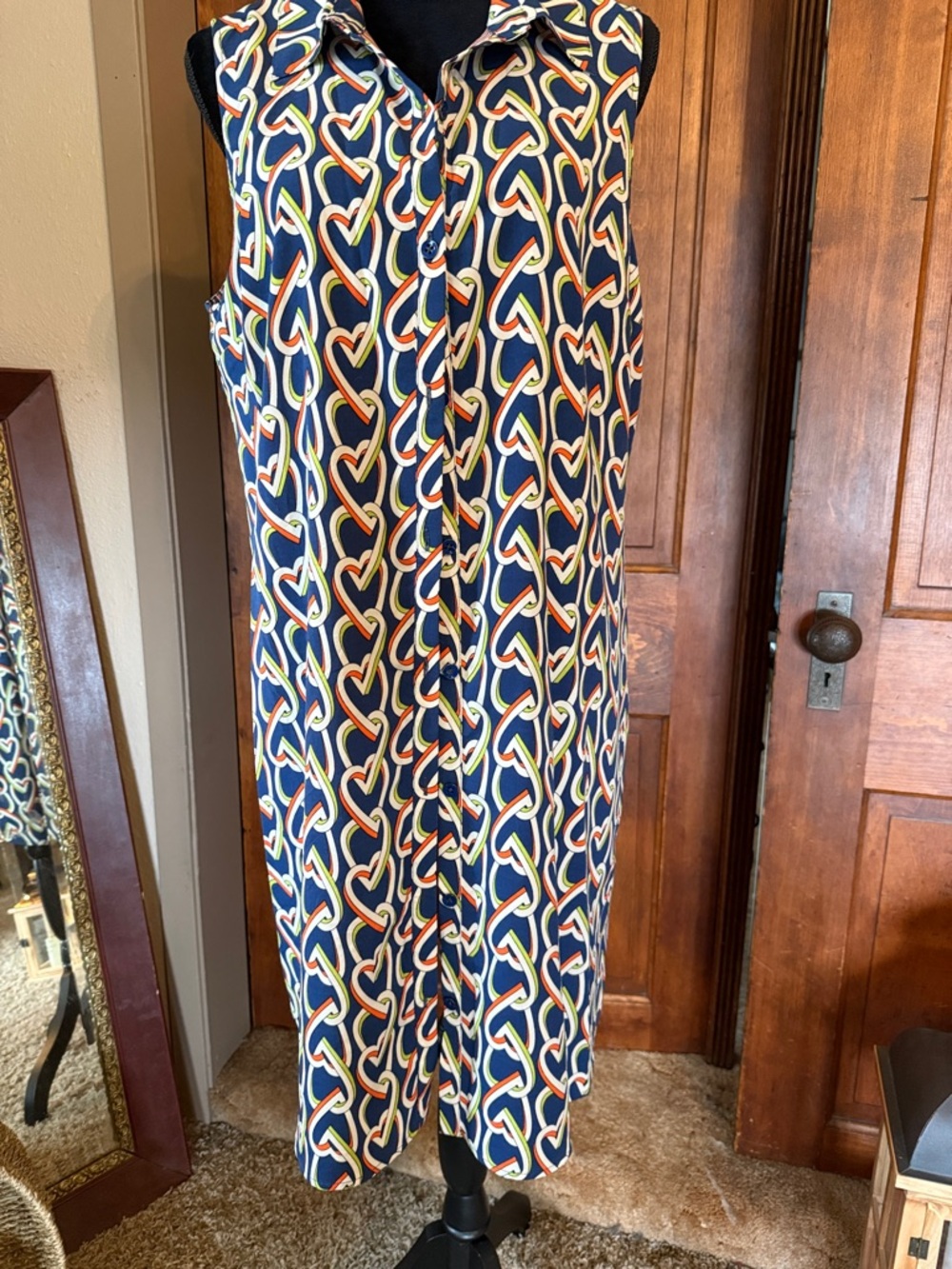 CAbi #5270 Navy Heart Chain Print Amour Sleeveless Midi Shirt Dress